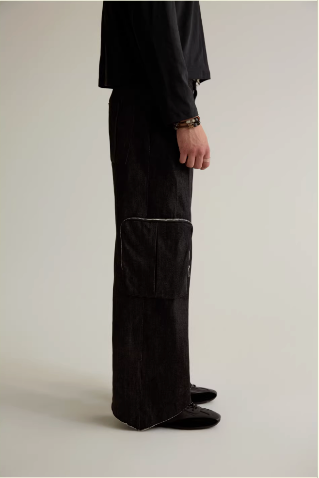Zip pocket raw denim cargo pants