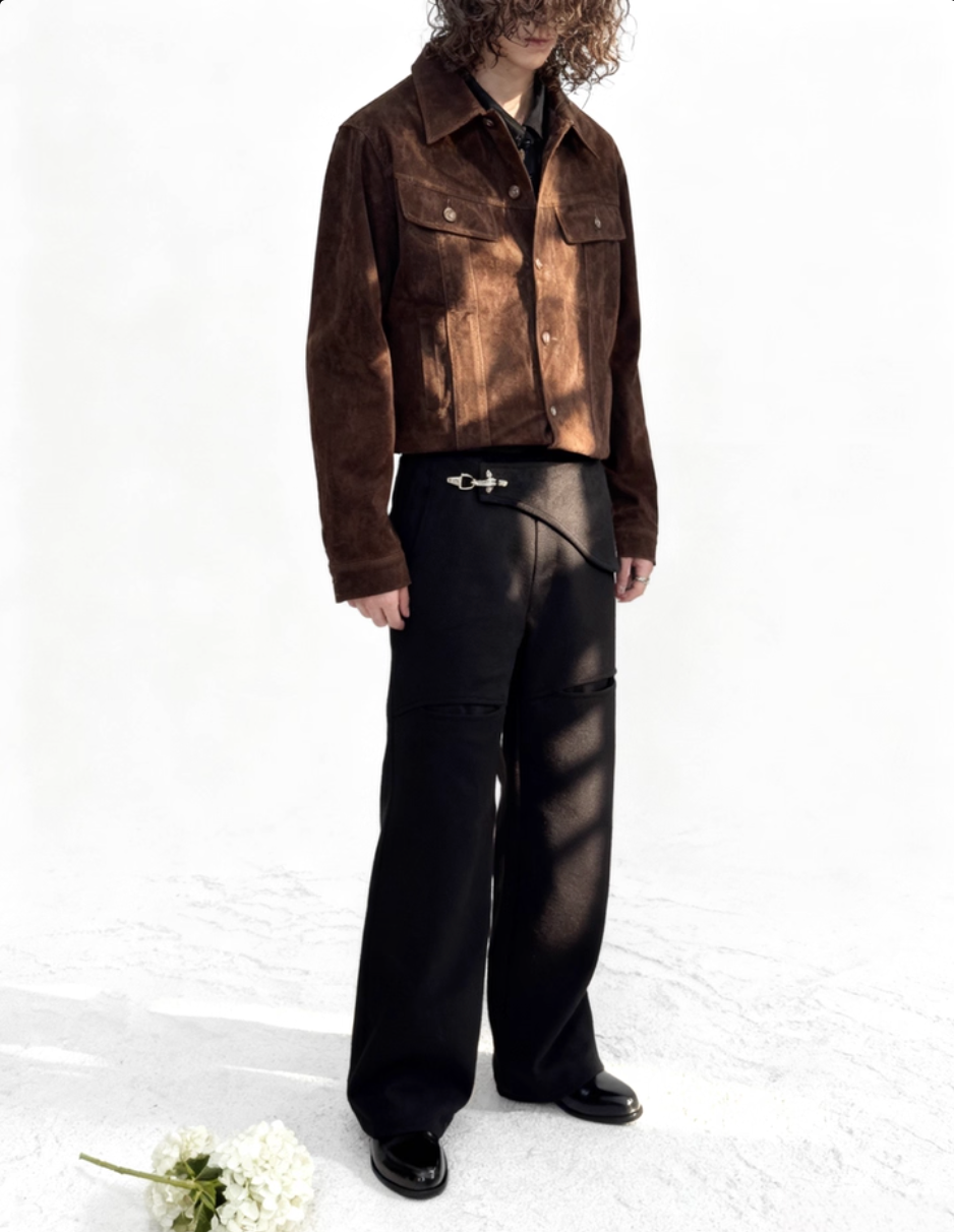 Buckle flip drape wide-leg trousers