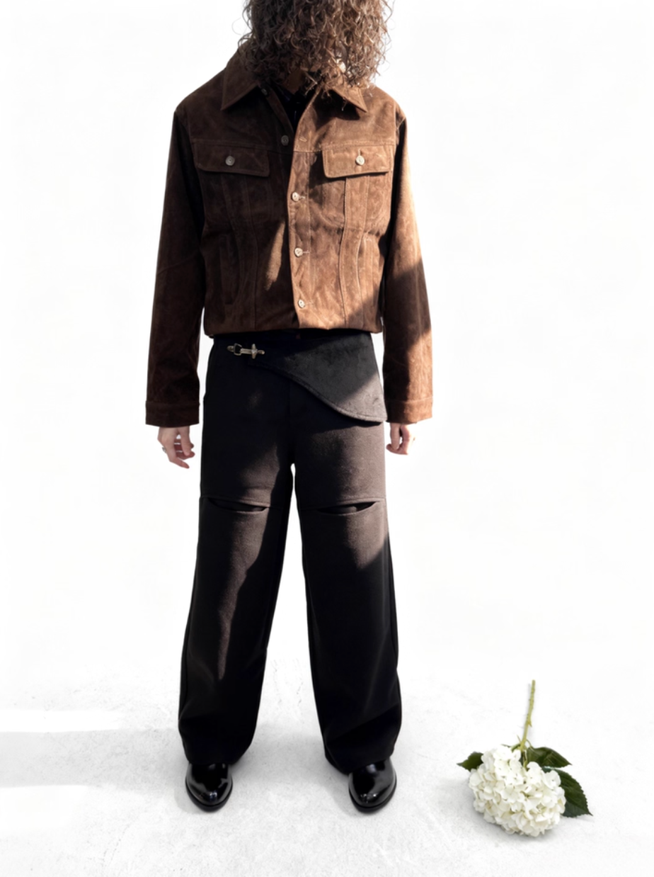 Buckle flip drape wide-leg trousers