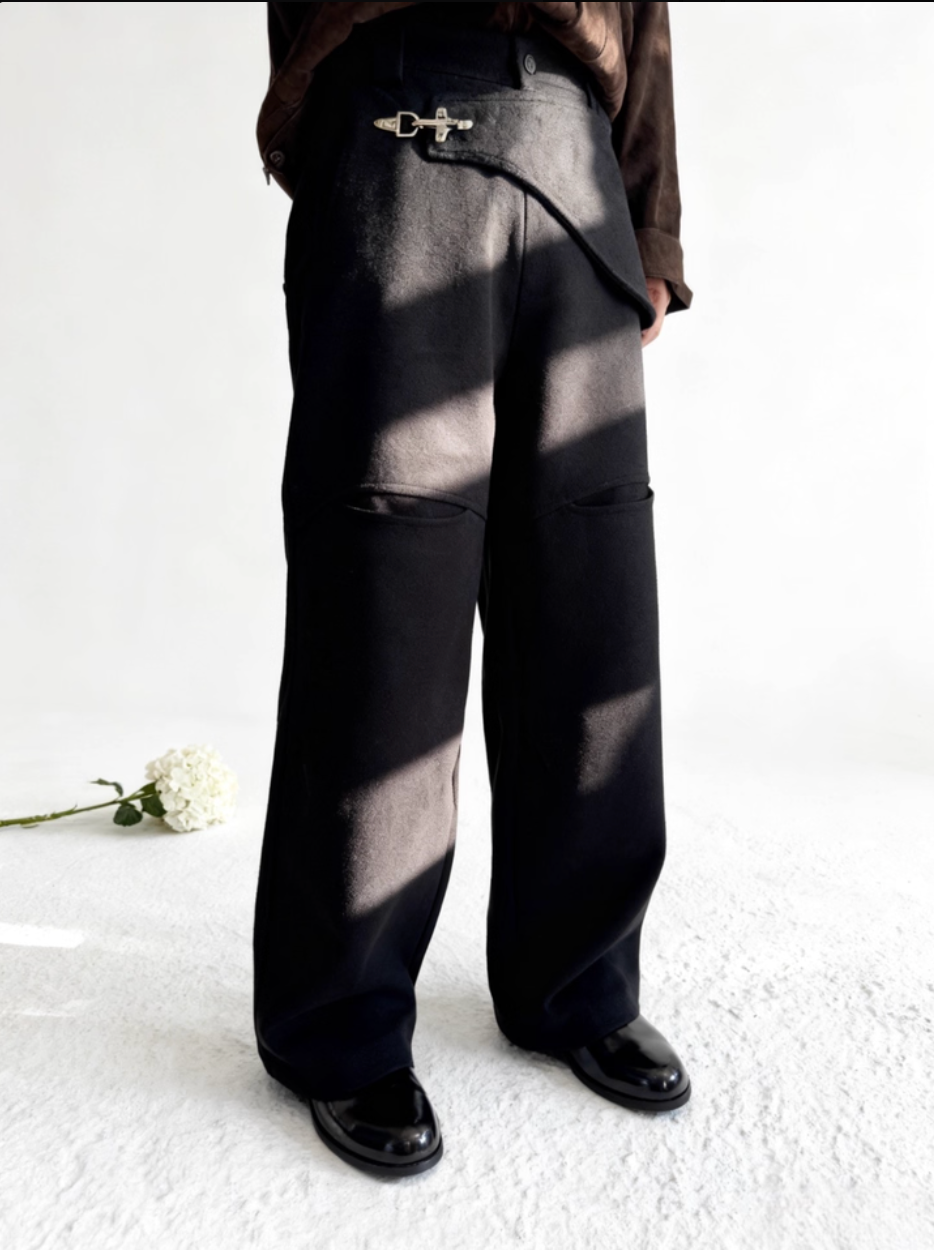 Buckle flip drape wide-leg trousers