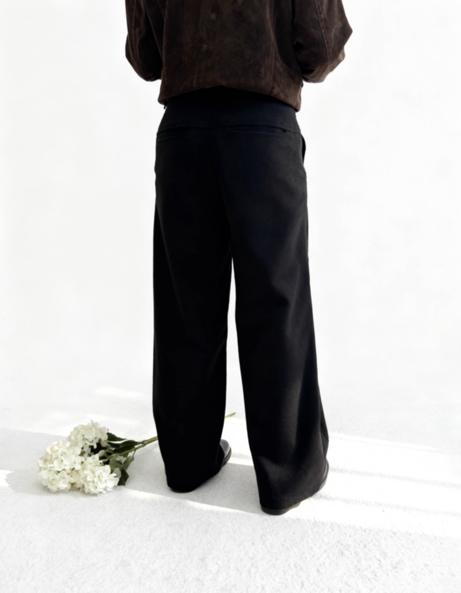 Buckle flip drape wide-leg trousers