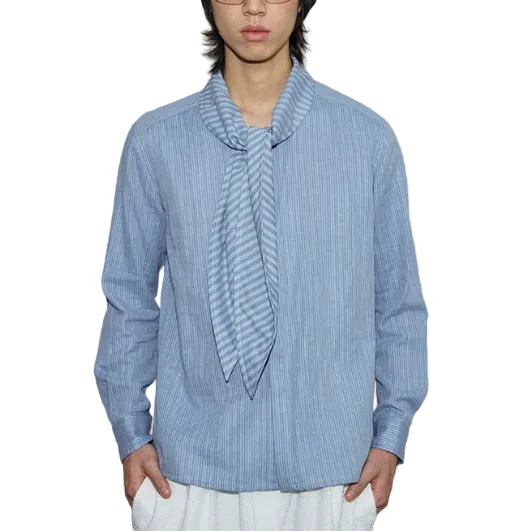 Blue tie neck striped long sleeve shirt