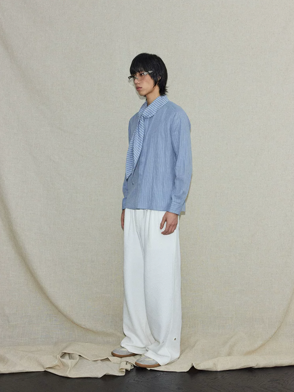 Blue tie neck striped long sleeve shirt