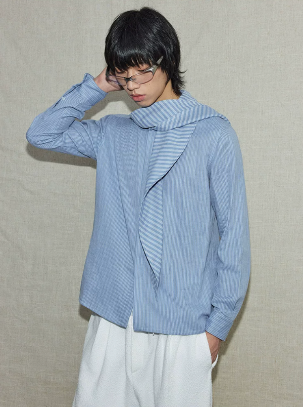 Blue tie neck striped long sleeve shirt