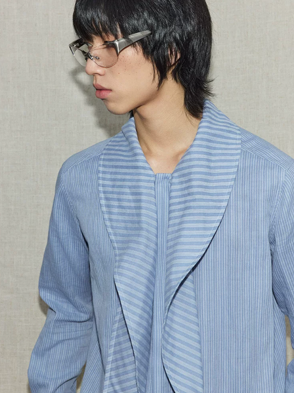 Blue tie neck striped long sleeve shirt