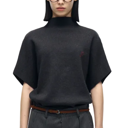 High Neck Curved Embroidered Short Sleeves