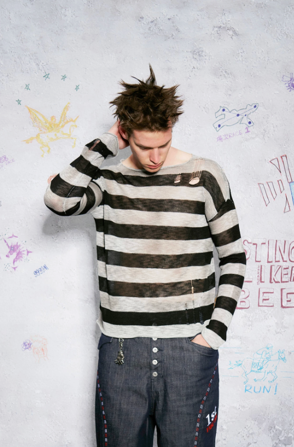 Striped stained dye long sleeve T-shirt