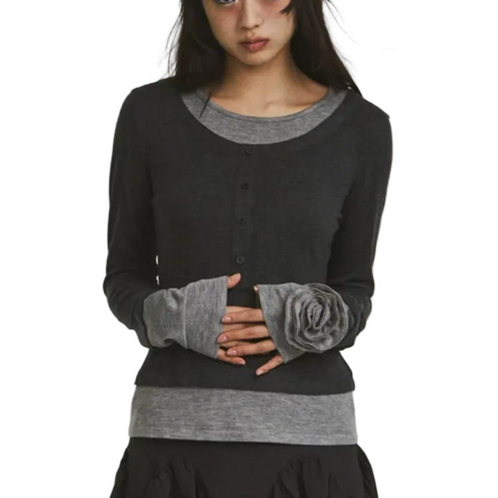 Rose cuff fake layered T-shirts