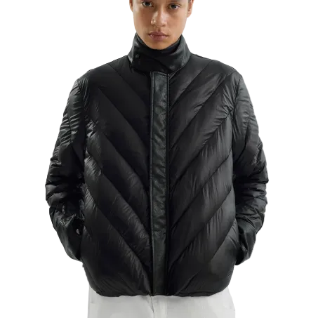 Leather Patchwork Radial Quilted Down Jacket