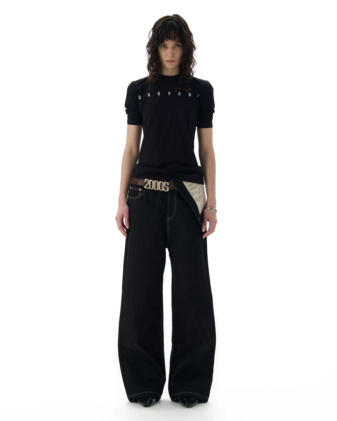 turned-waist black straight-leg jeans