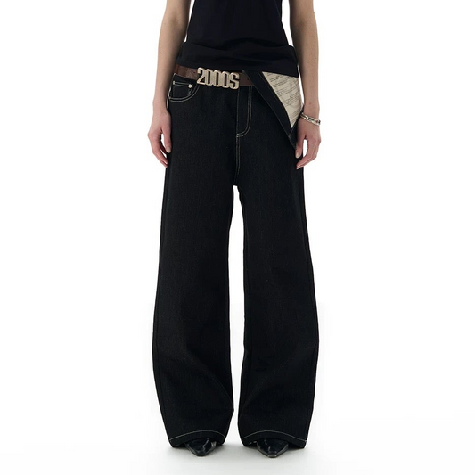 turned-waist black straight-leg jeans