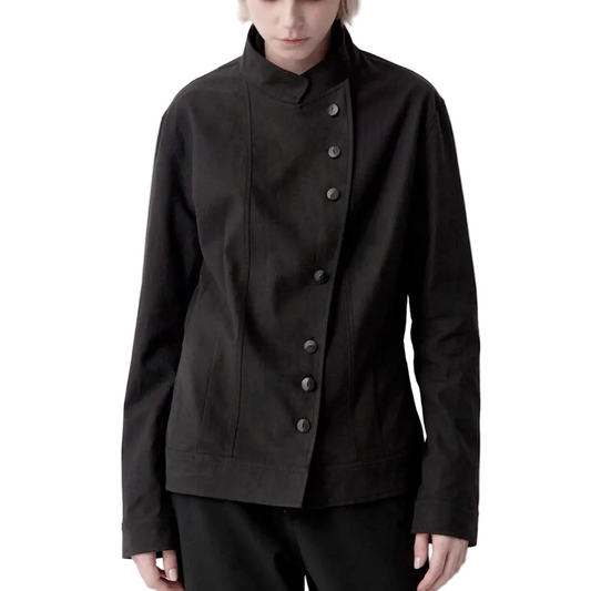 Slanted placket stand-up collar button-down jacket