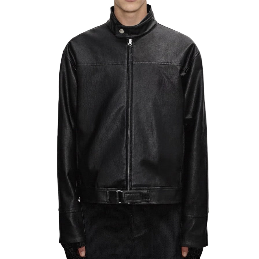 Silver Buckle Cracked Motorcycle PU Leather Jacket