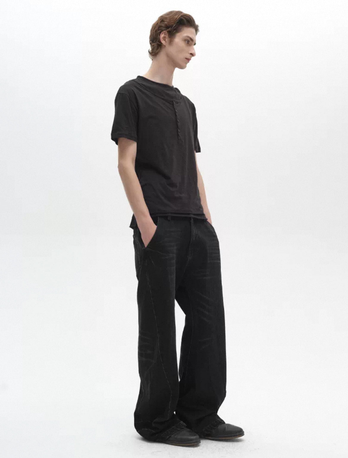 Layered Henley Collar short sleeve T-shirt