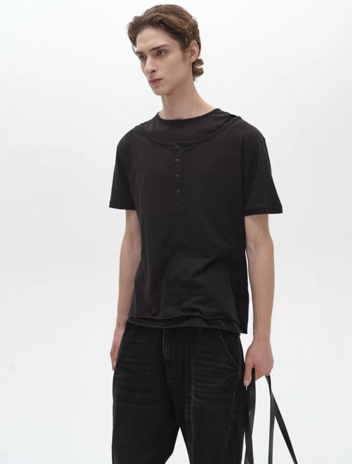 Layered Henley Collar short sleeve T-shirt