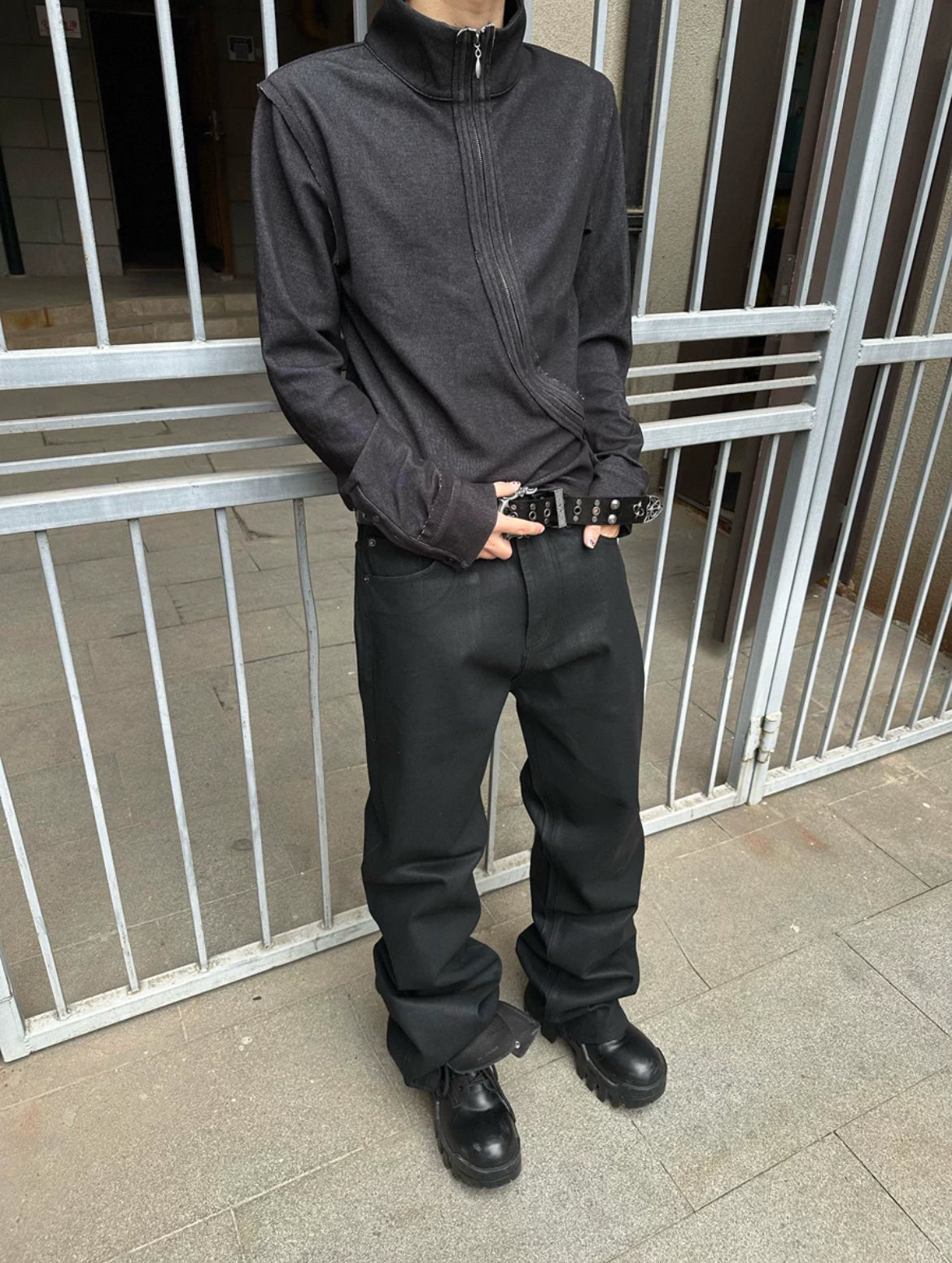 Coated distress bootcut jeans