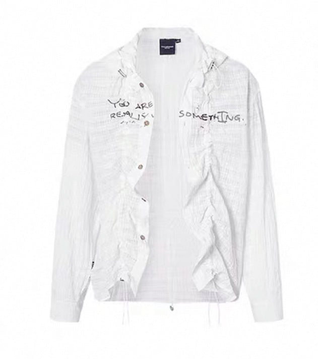 Wrinkled strip multi-form print hooded shirt