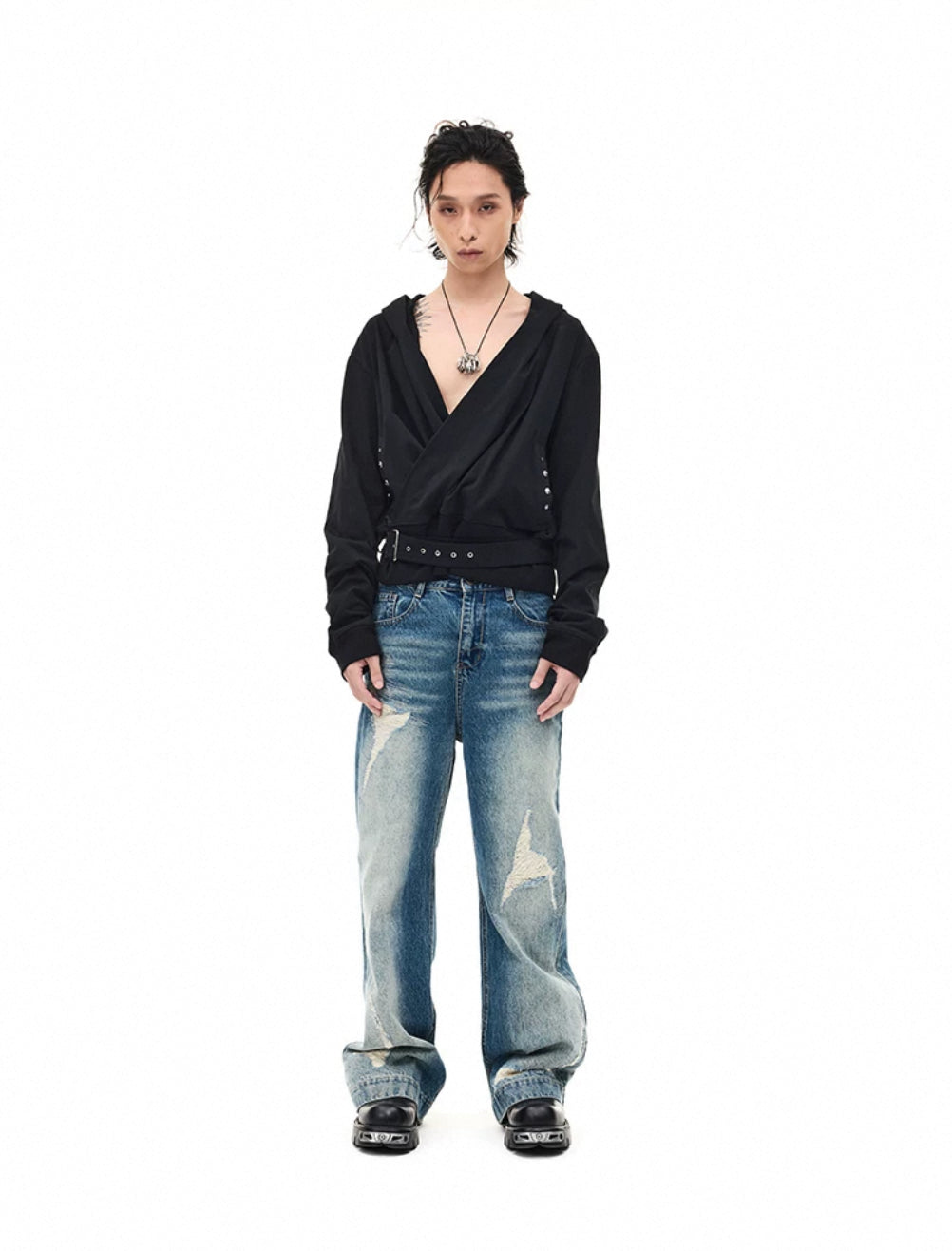 Drawstring V Neck Hoodie