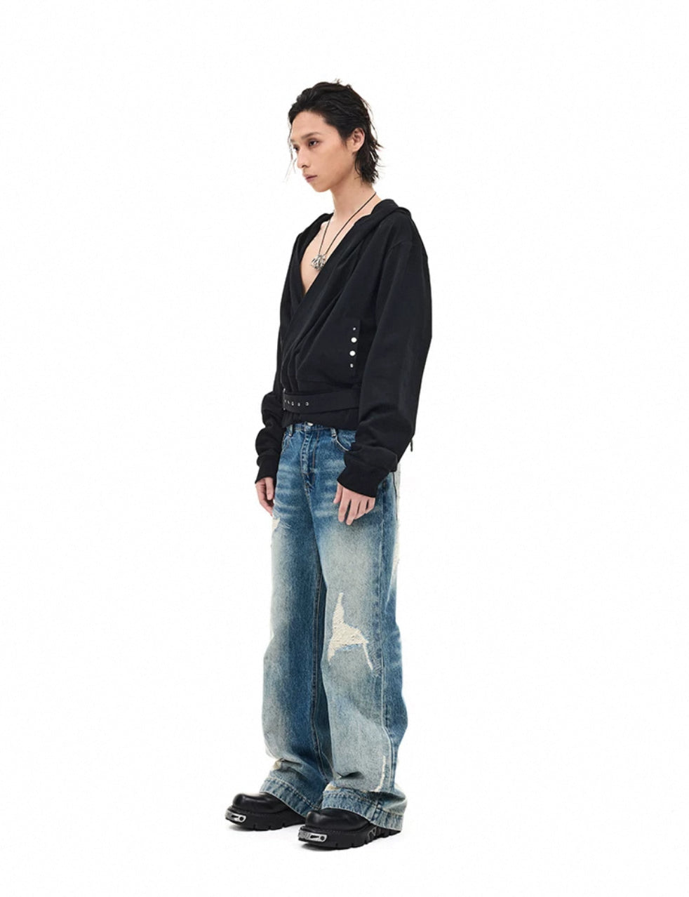 Drawstring V Neck Hoodie