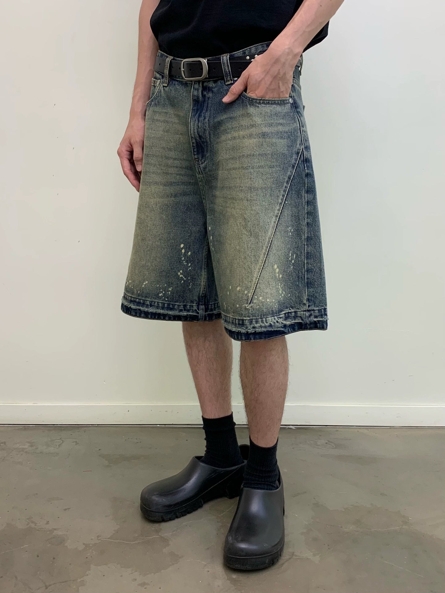 hand paint distressed denim shorts