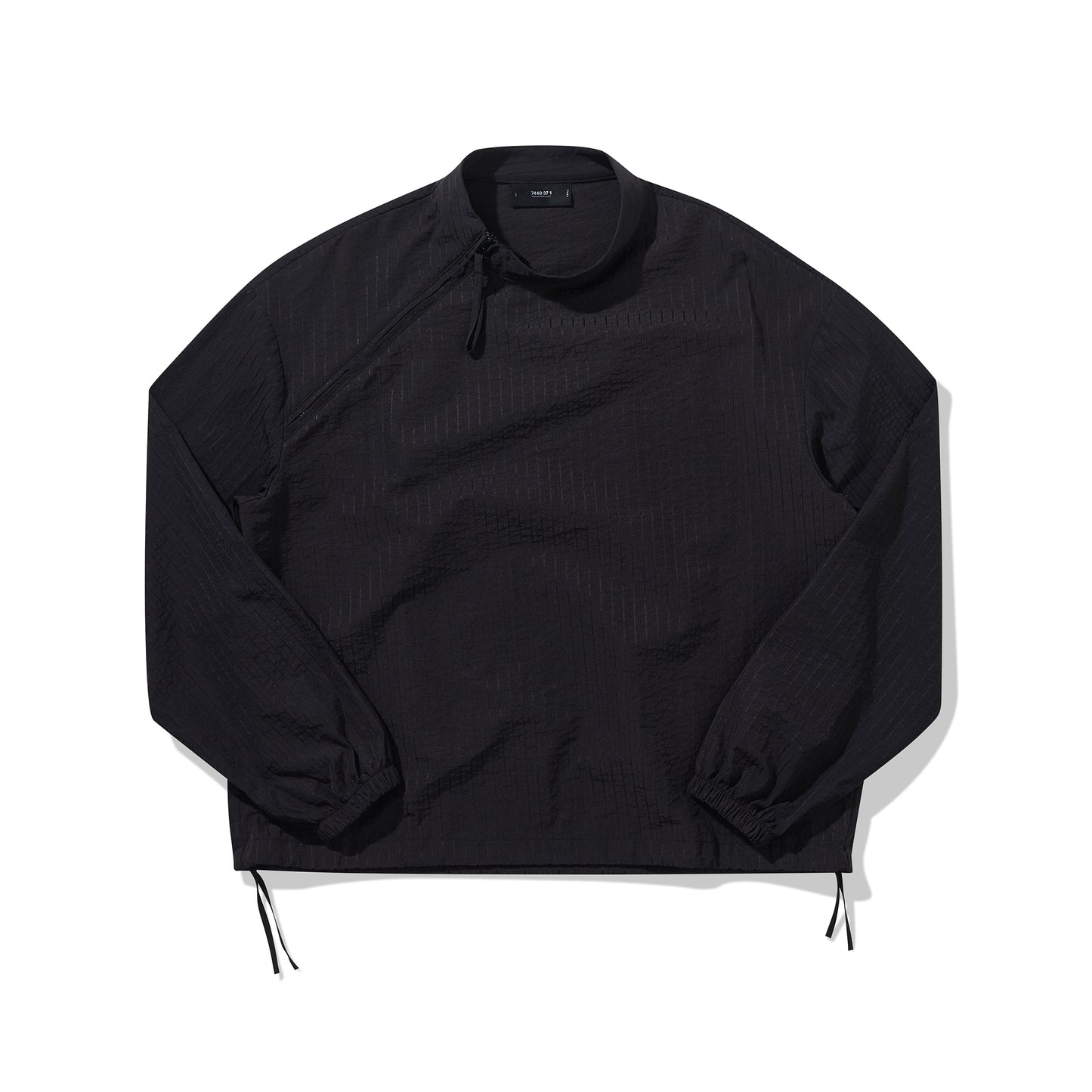 Two-tone striped textured bias neckline zip-up shirt