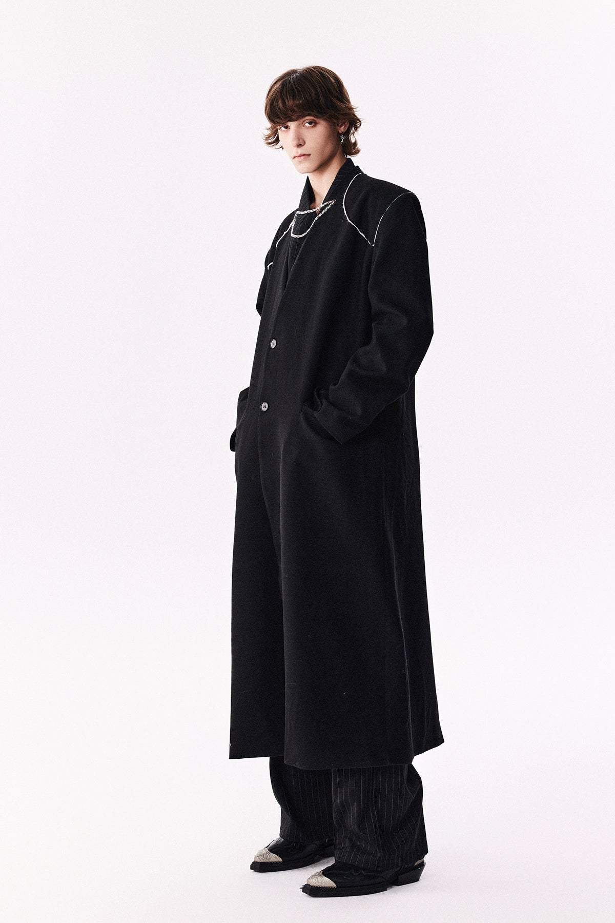Wool Yoke Chain Padded Shoulder Heavy Coat