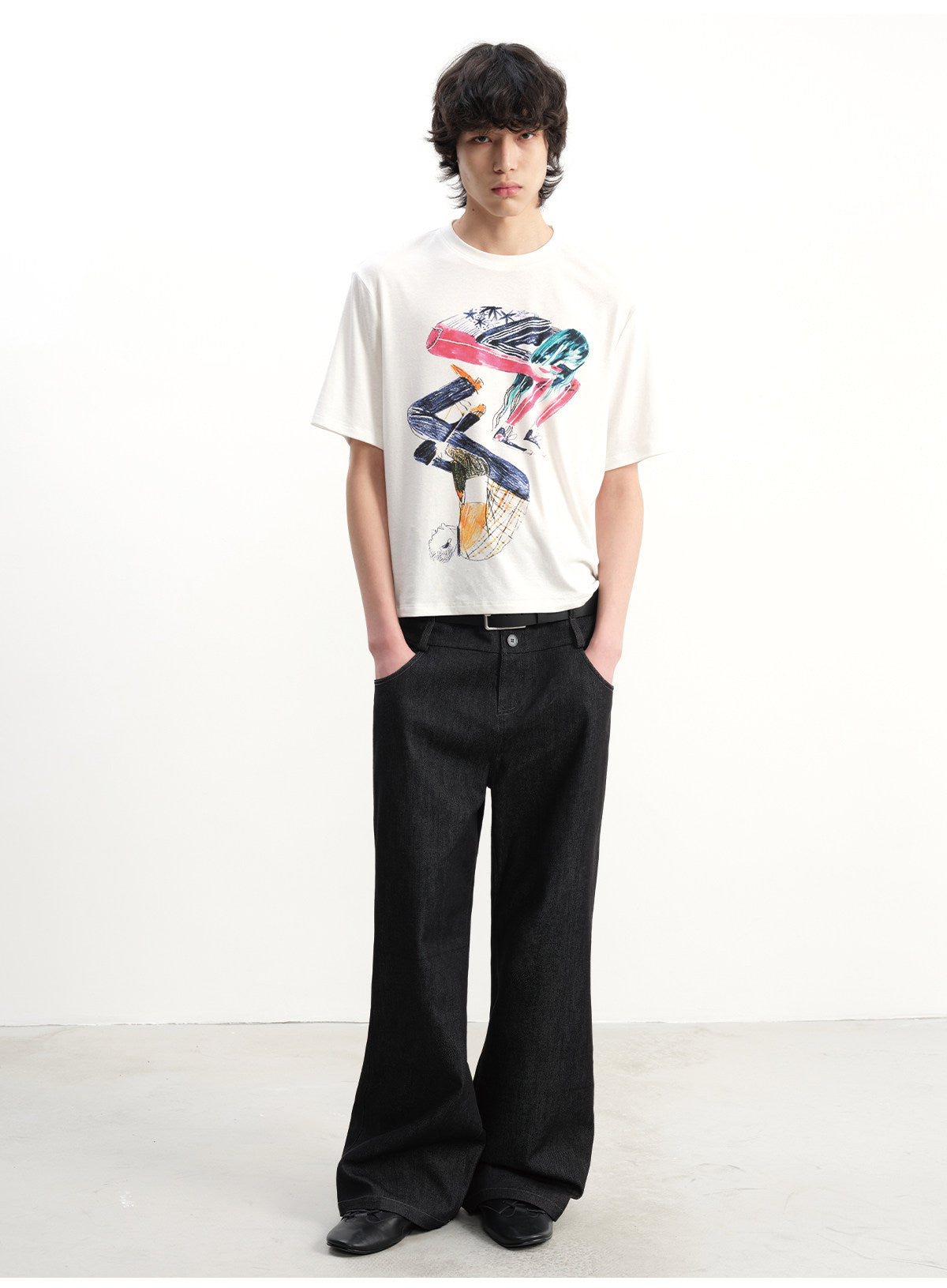 Double-waisted raw cow bootcut jeans