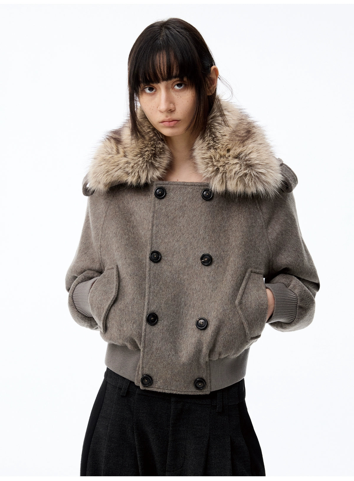 Detachable Fur Collar Double-breasted Cropped Tweed Jacket