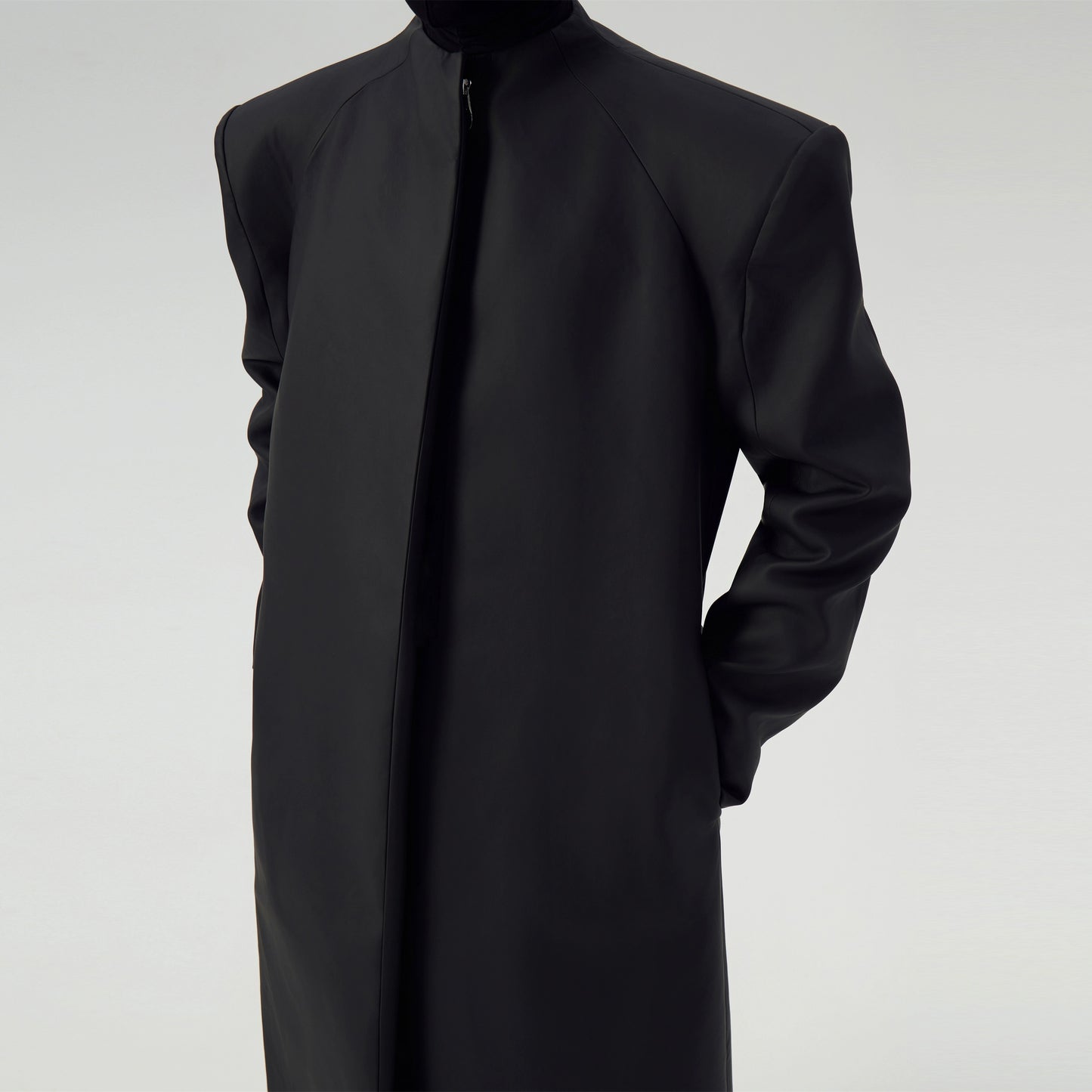 Matte Coated Padded Shoulder Long Trench Coat