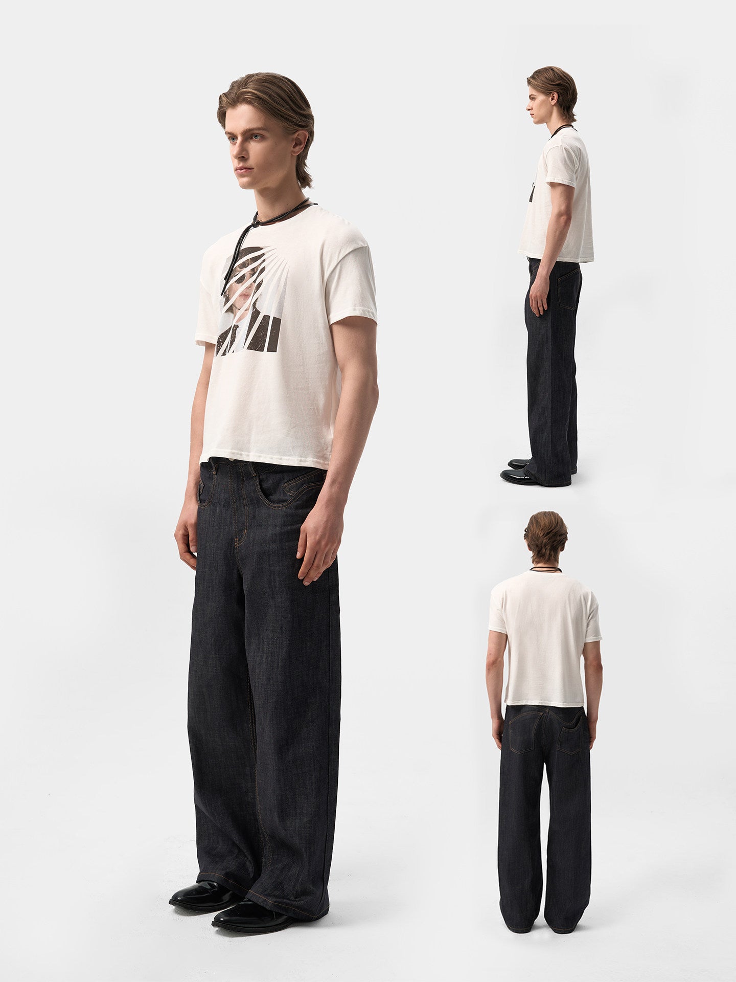Aged white linen cotton short-sleeved printed T-shirt