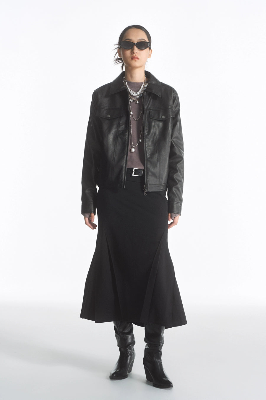 Cropped Double Zipper Leather Jacket