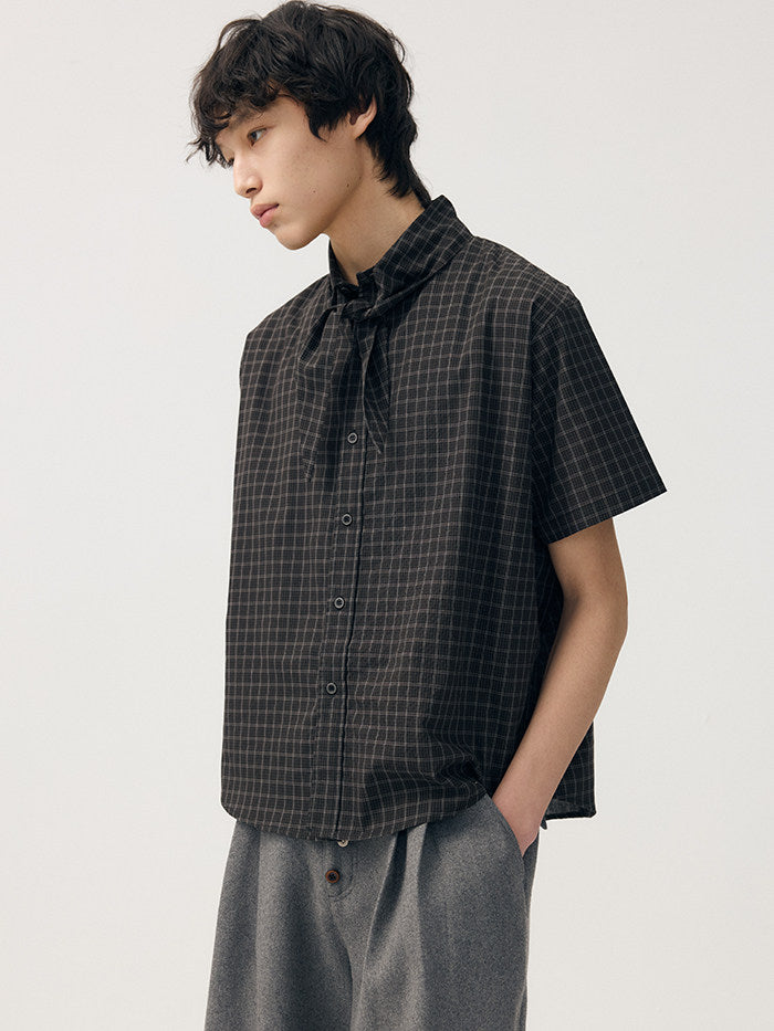 Plaid slouchy scarf-neck short-sleeved shirt