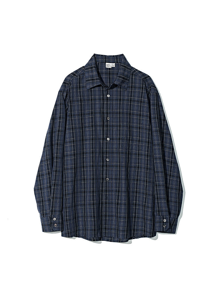 Washed plaid long-sleeved shirt