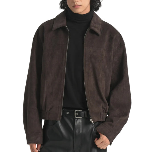 BOXY SUEDE WIDE LAPEL ZIP-UP JACKET