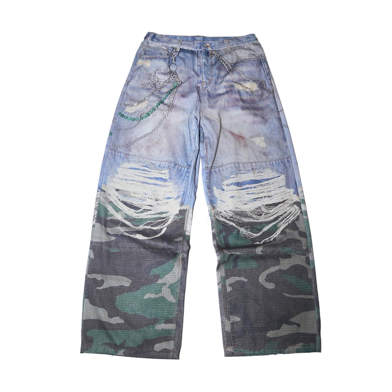 3D Print Camouflage Layered Jeans