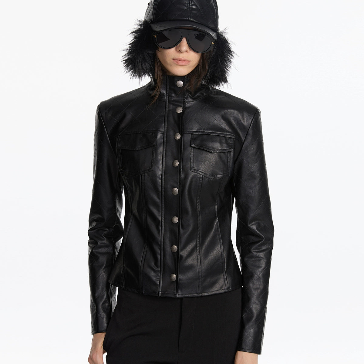 Rhombus Plaid Slim Leather Jacket