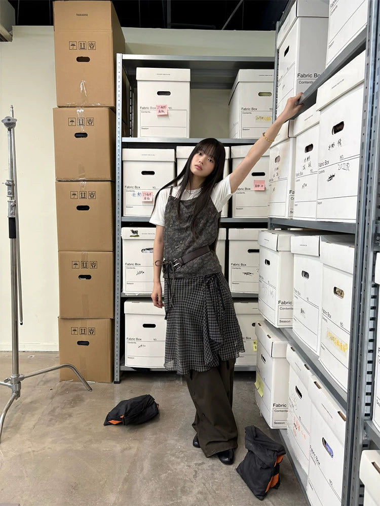 PANELLED DOUBLE-TIERED CHECKED SKIRT