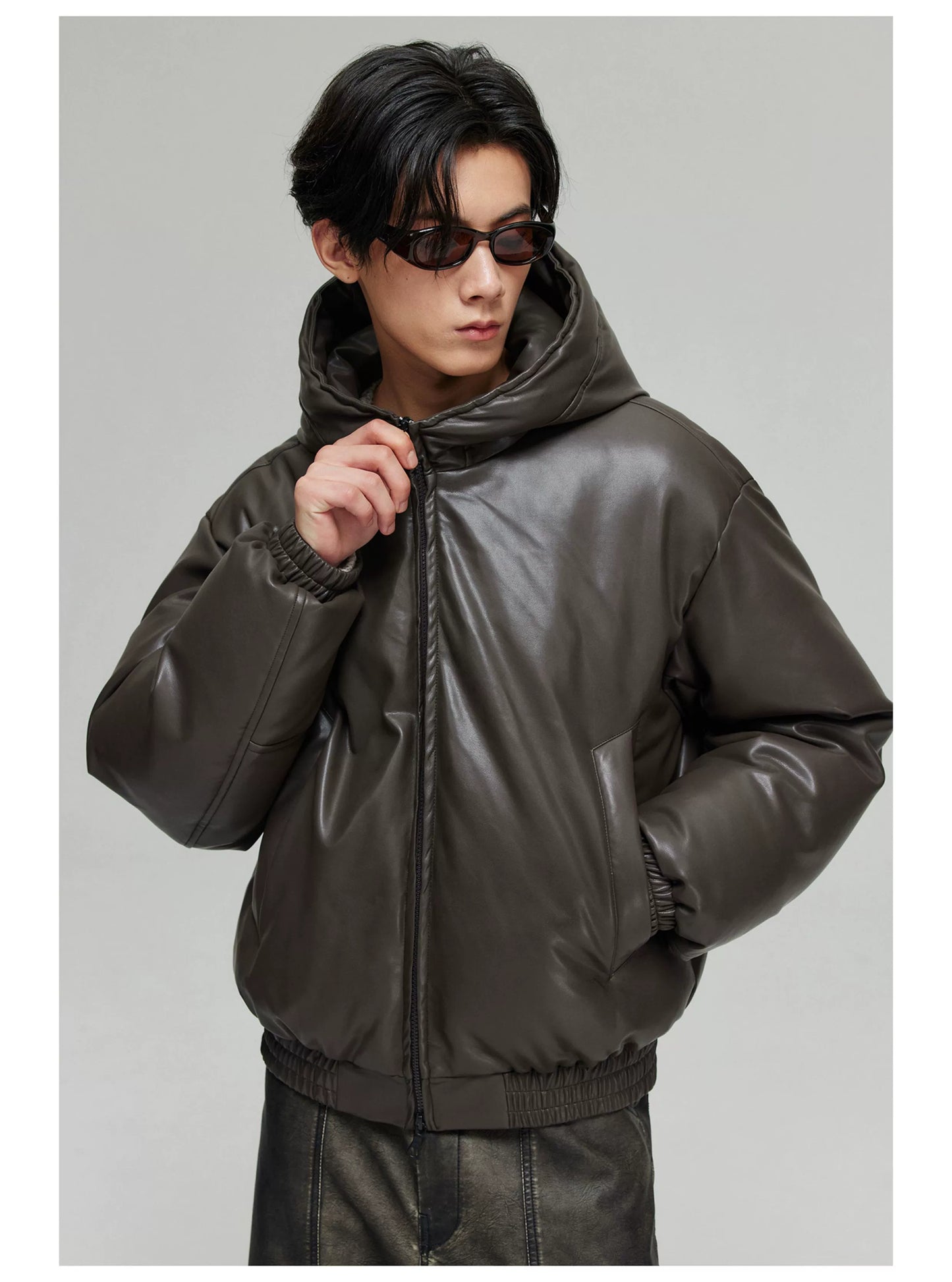 Twisted Wire Hooded Leather Puffer Jacket