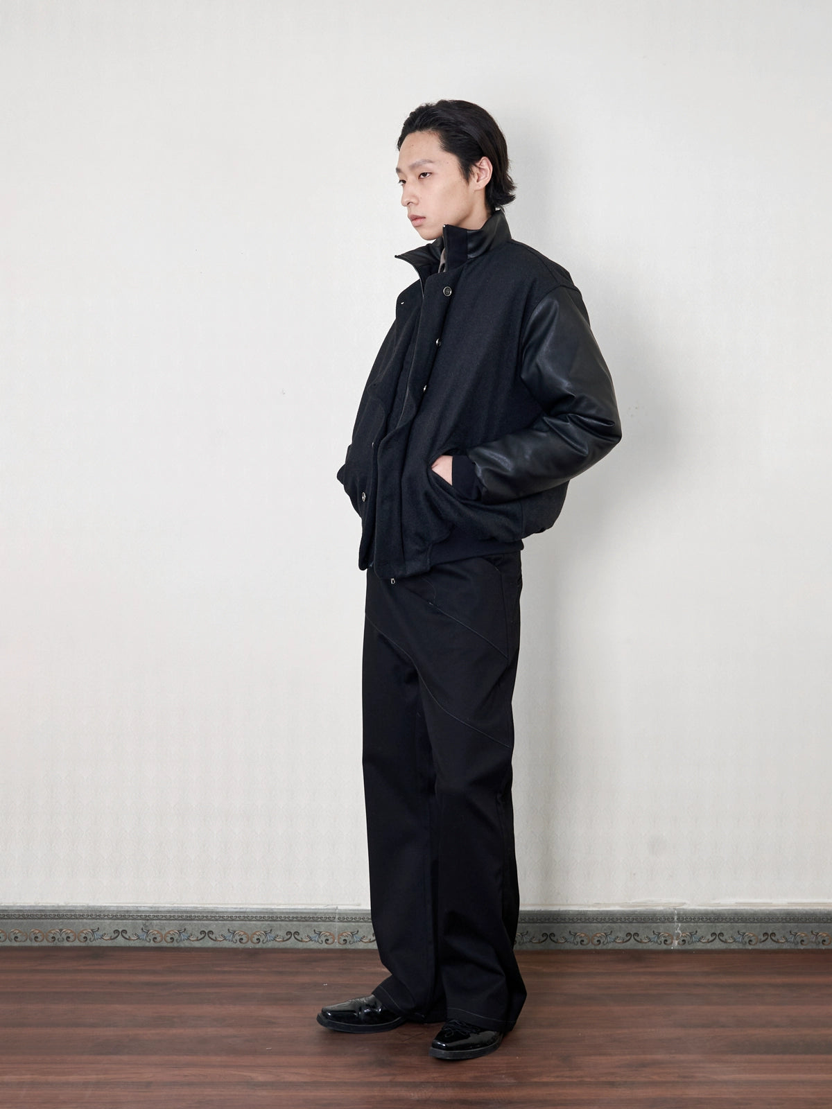 "soja" wool tweed leather sleeve jacket