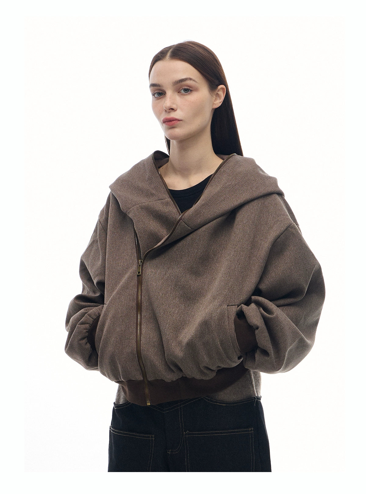 "Mystery Palace" grit linen brown reversible layered jacket