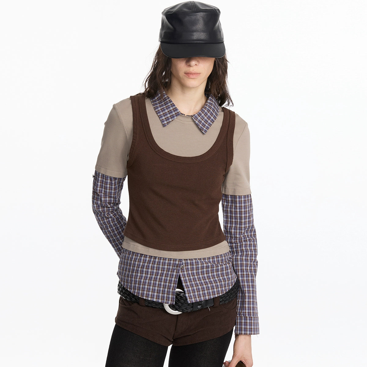 Fake Layered Plaid Polo Long Sleeve T-shirt