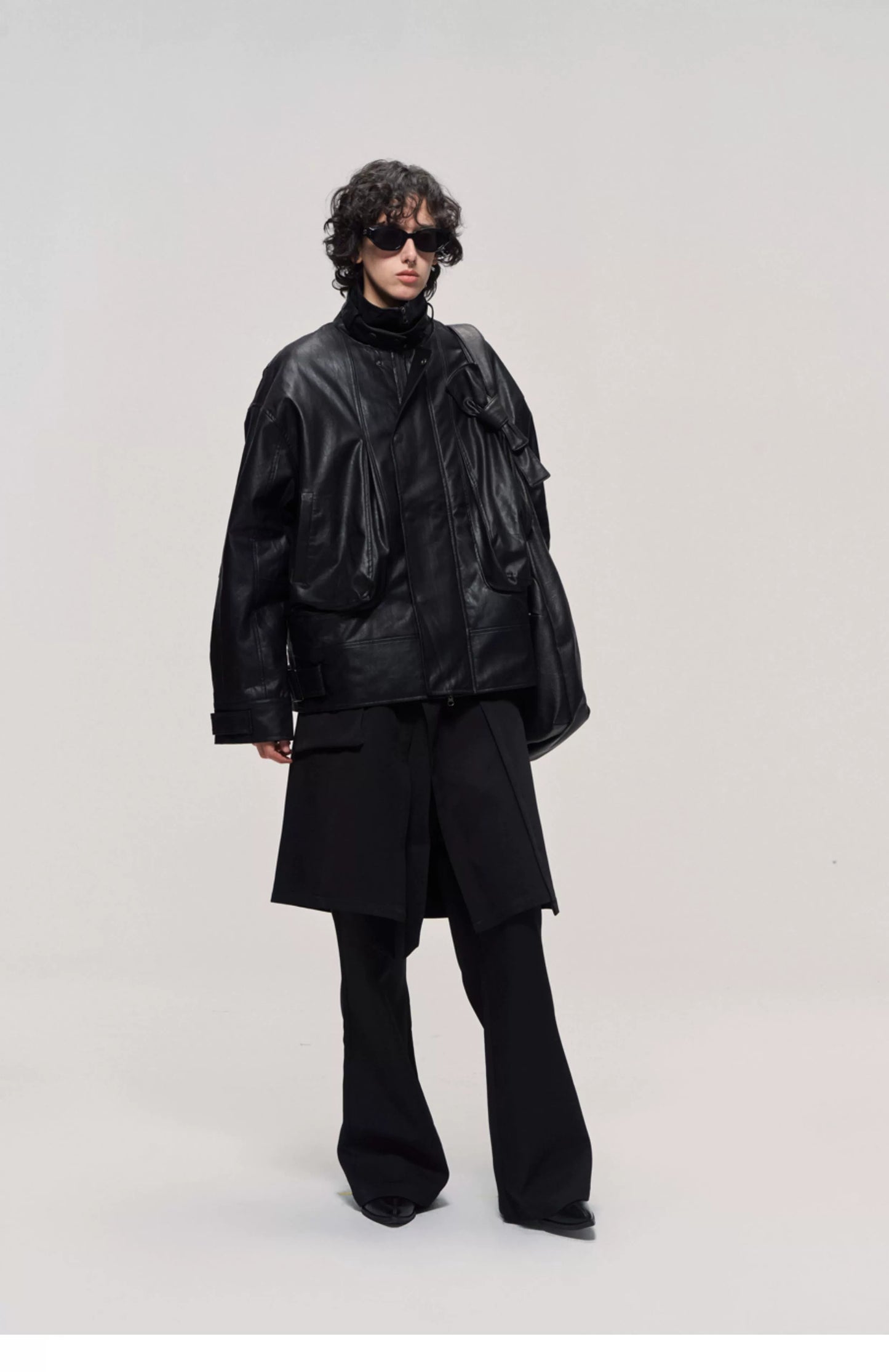 Washed Stand-Collar Leather Jacket