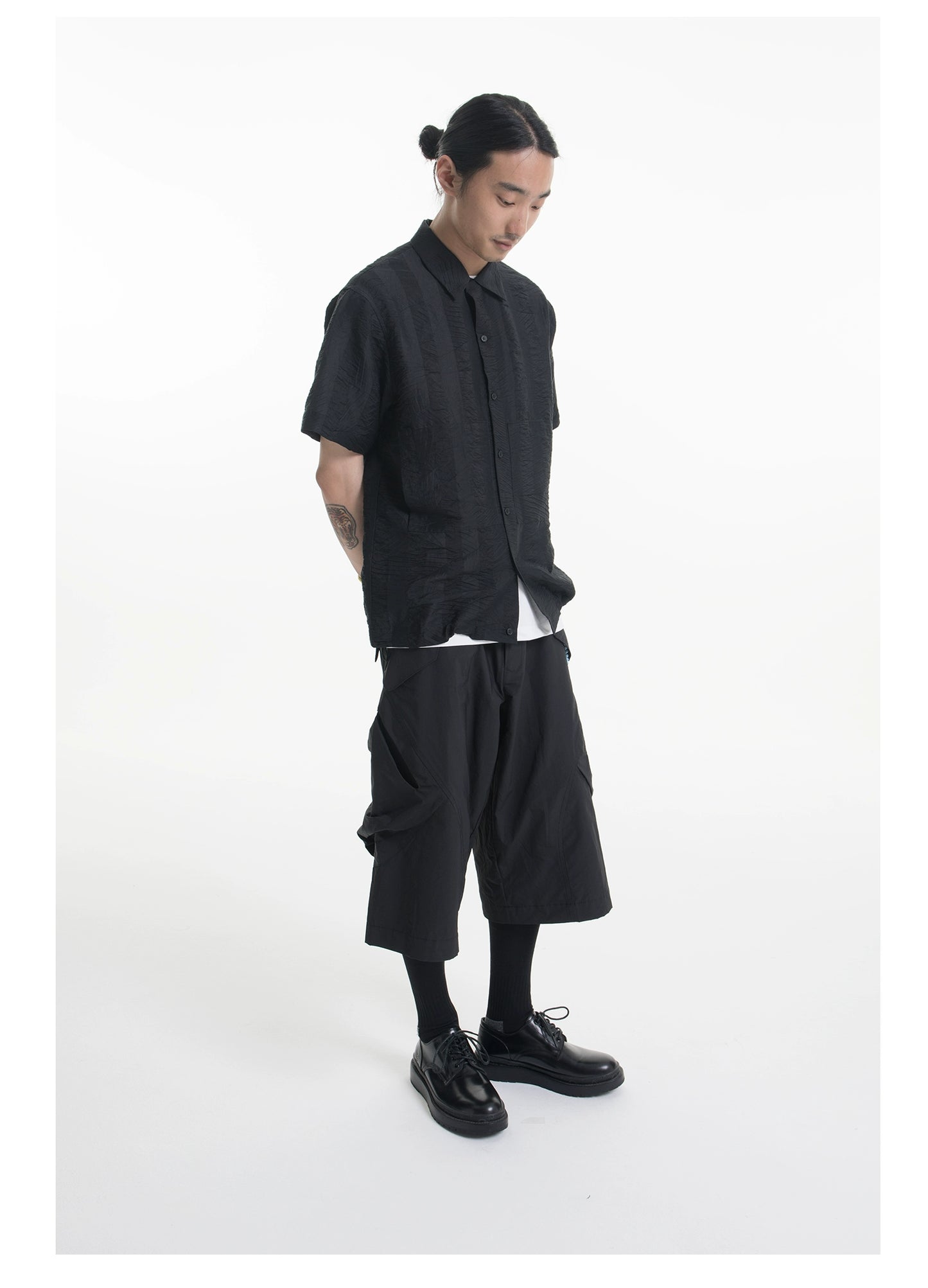 Dark Stripes Pleated Short Sleeve Shirt