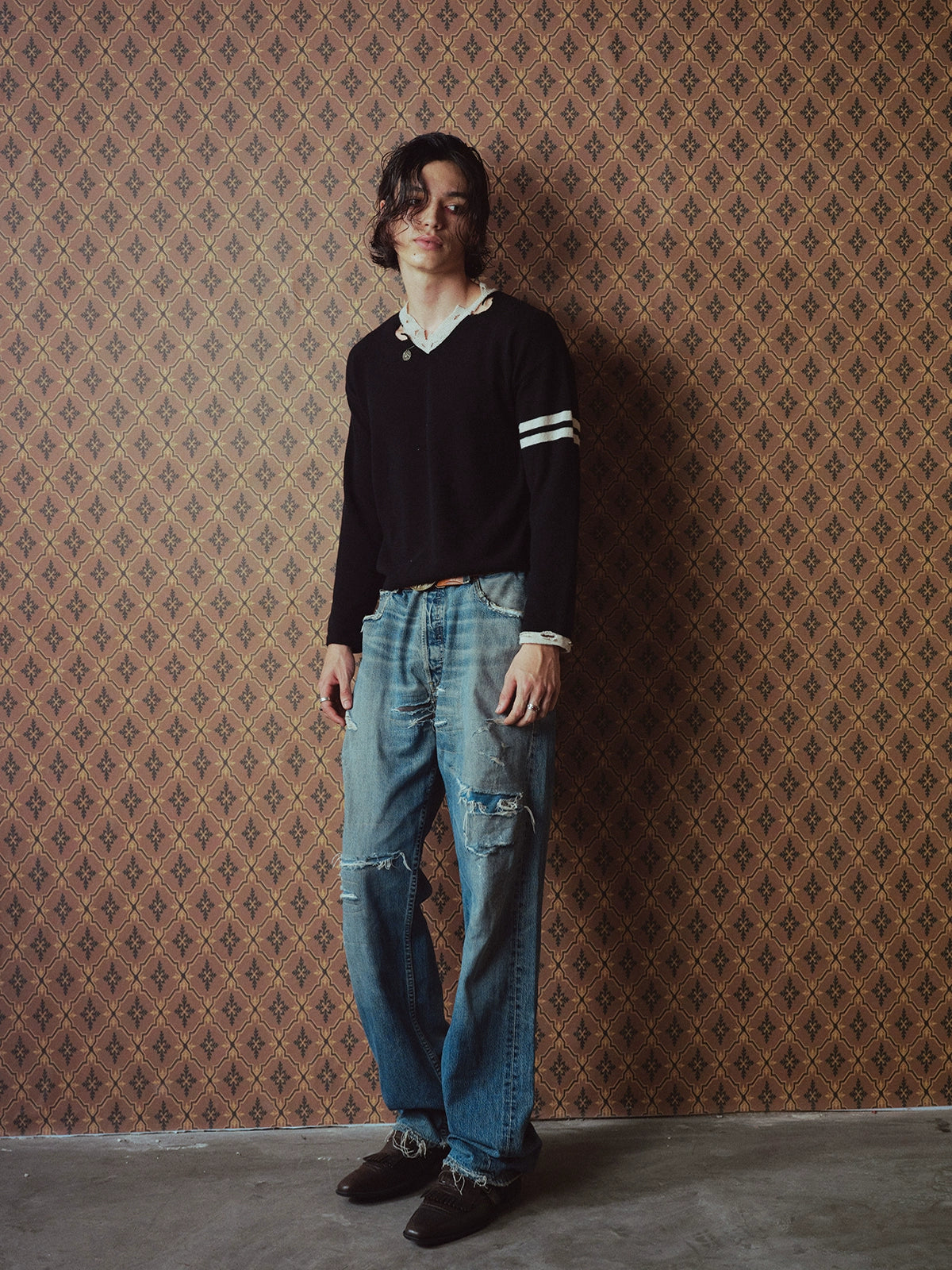 Brass Ancient Coin V-Neck Pure Wool Knit