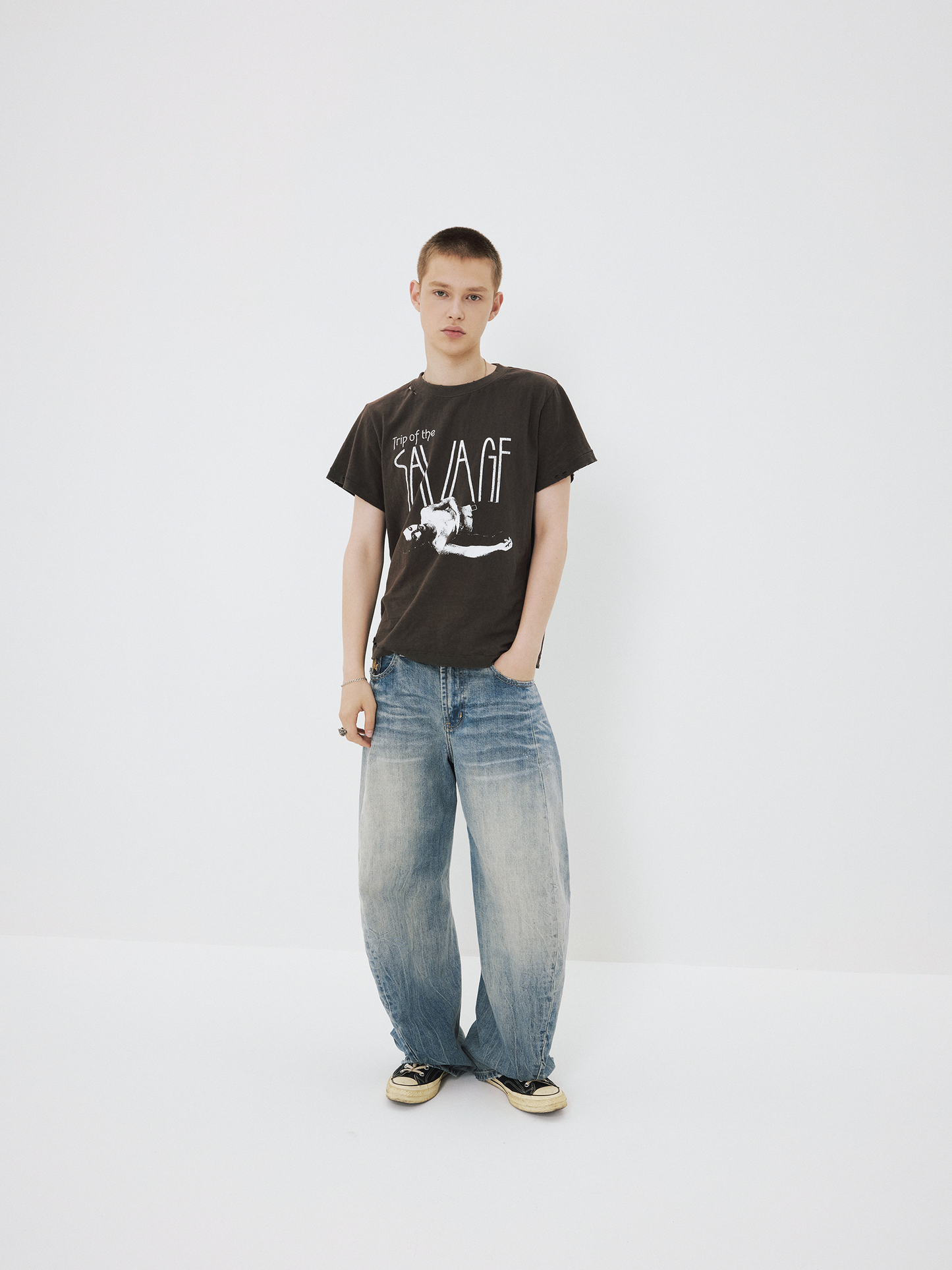 Distressed ripped cotton T-shirt