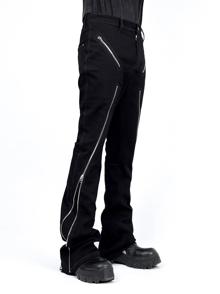 washed slim zipper flared trousers