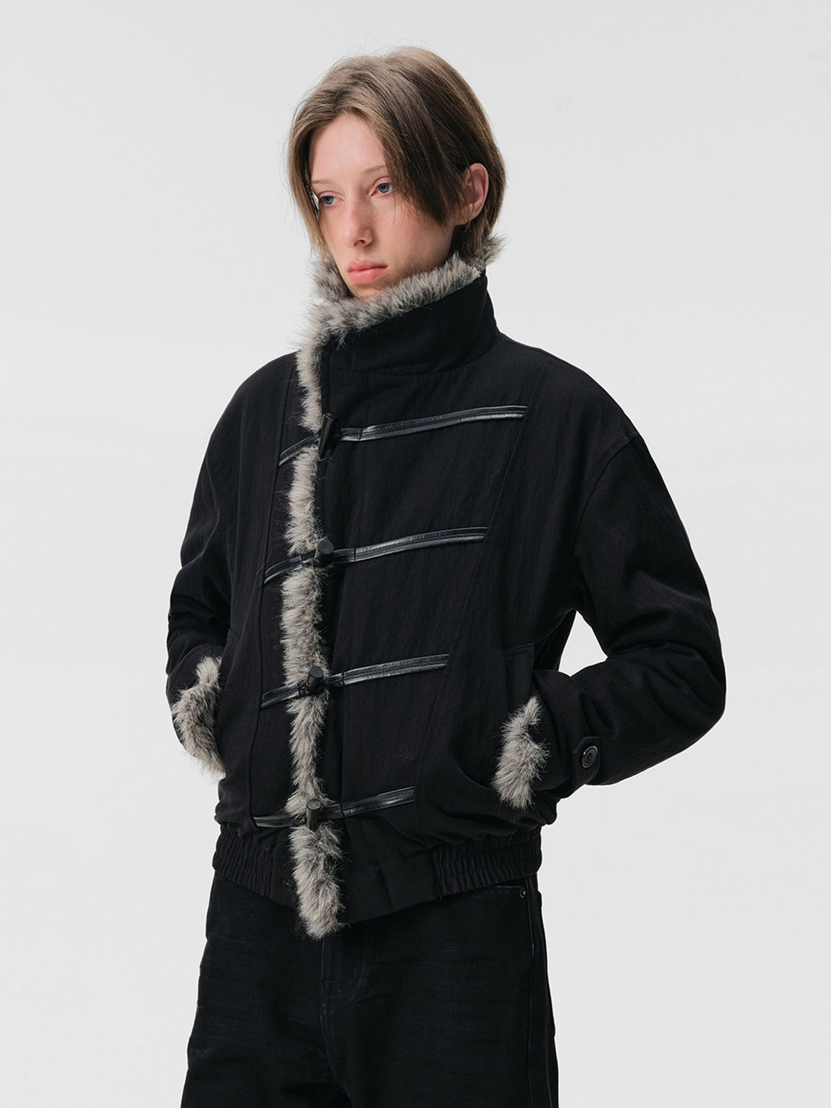 Dyed Fur Leather Cord Horn Jacket
