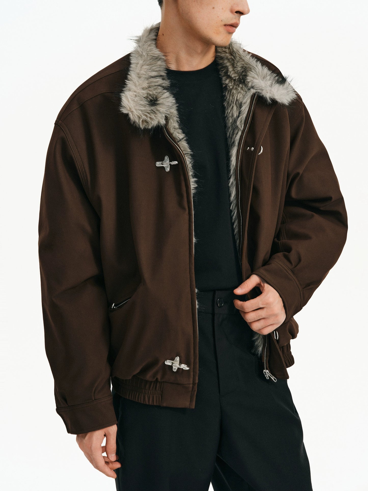 "imitation mink" Buckle Fur Collar Jacket