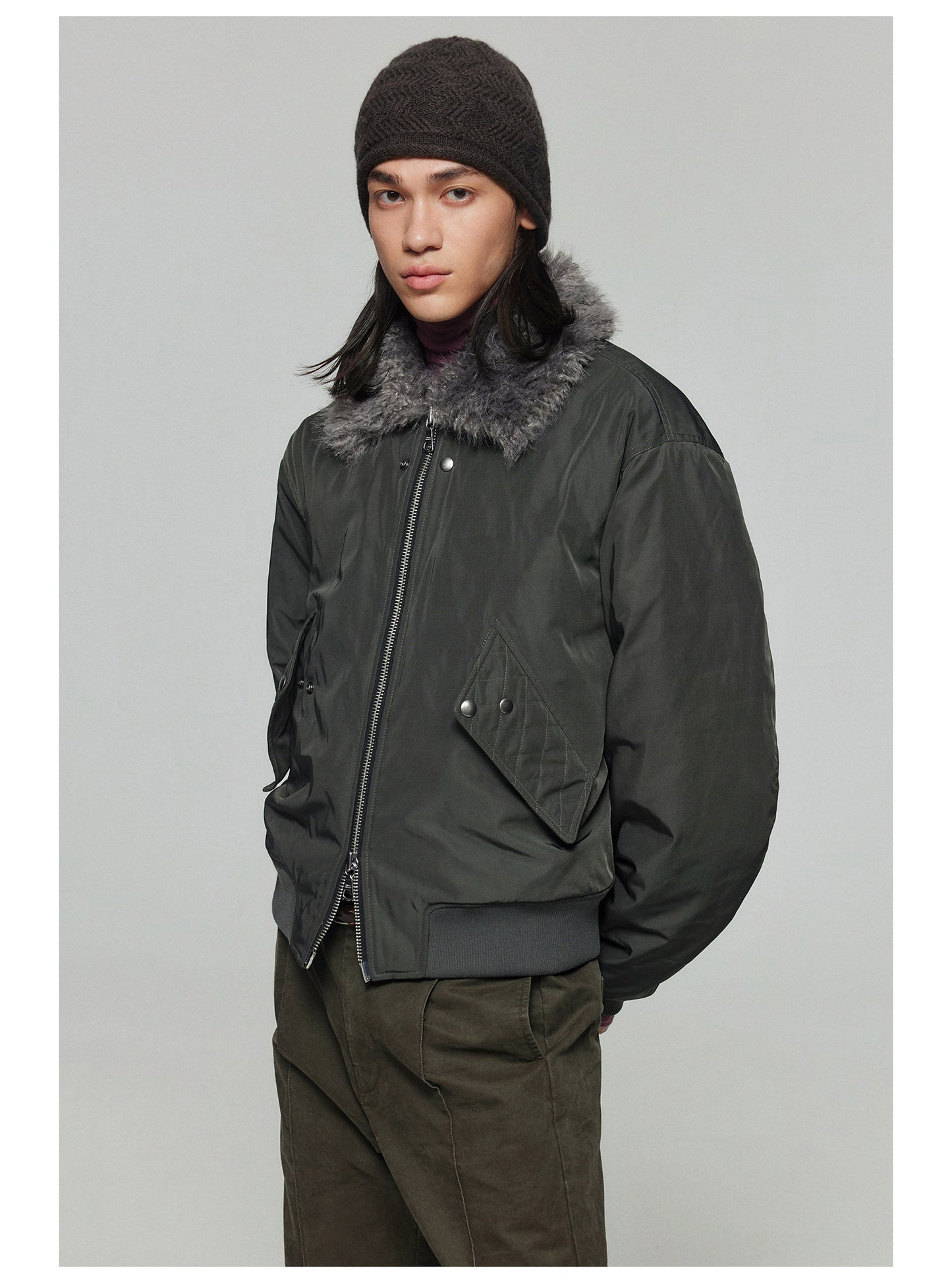 Button-up trim stacked wool knit beanie