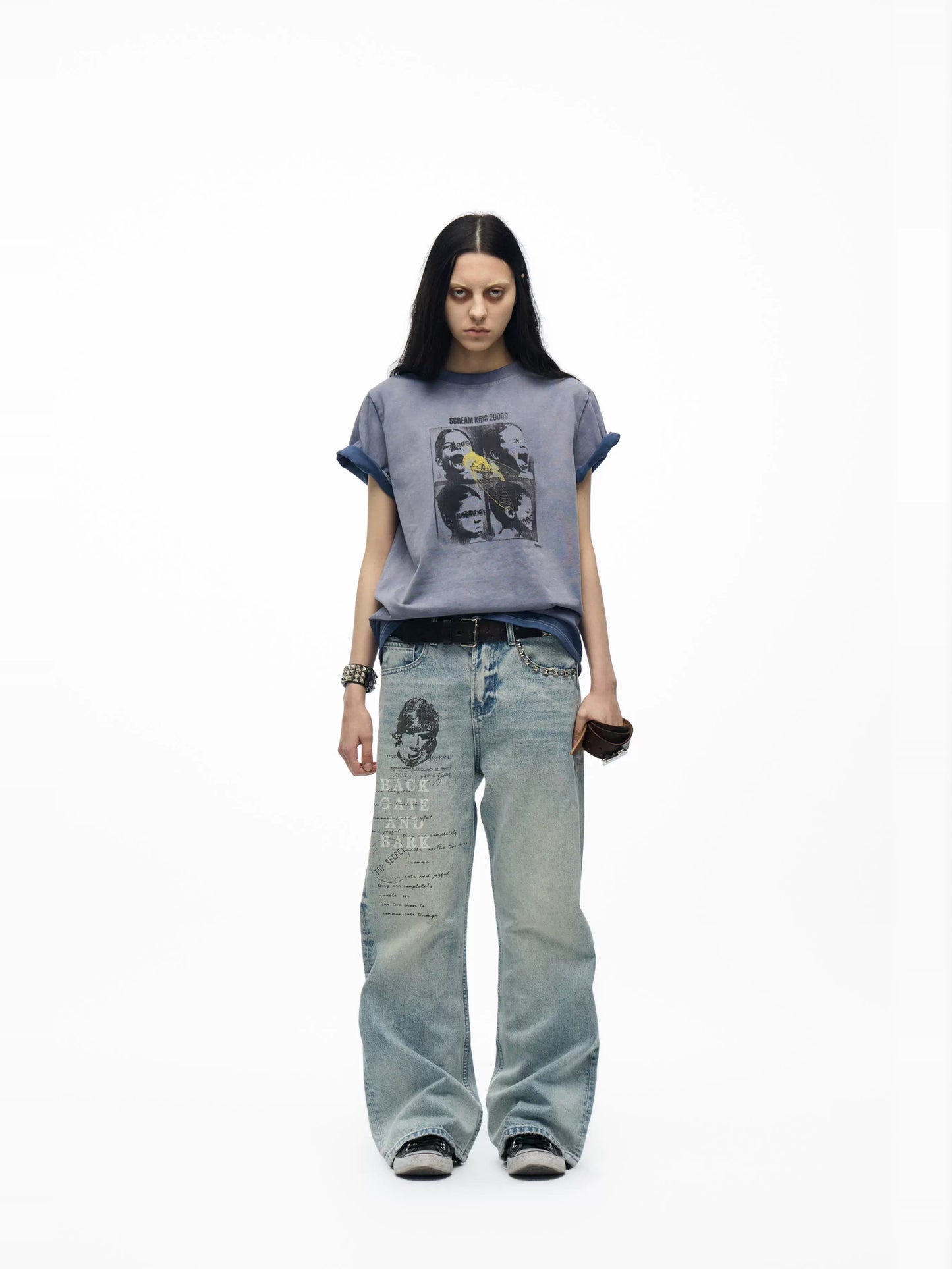 side studs washed bootcut jeans